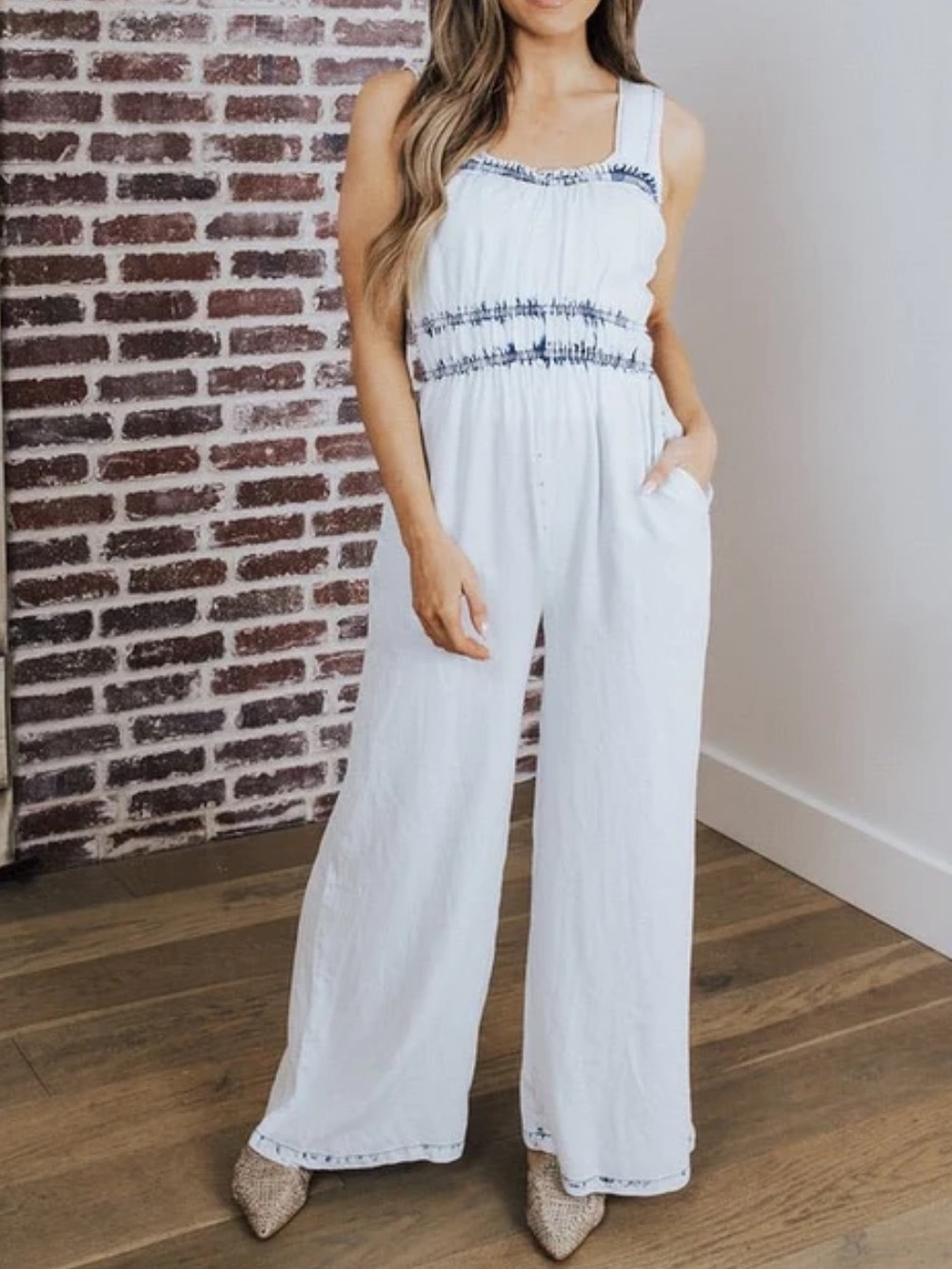 Wide-Leg Smocked Jumpsuit